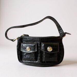 XOXO Black Faux Leather Shoulder Bag Small, Chic, Dual Front Pocket Purse